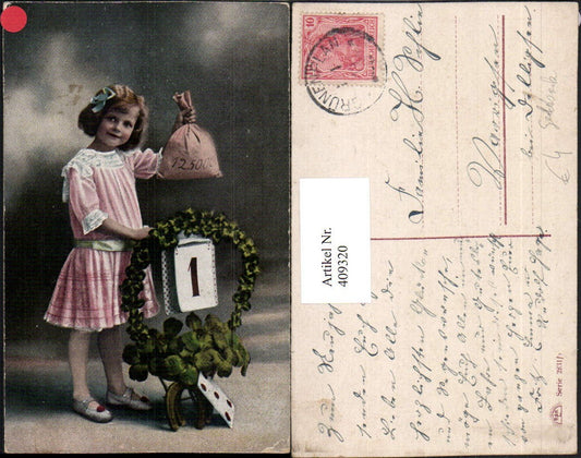 409320,Neujahr Kind Mädchen Geldsack Geld Klee Kalender Hufeisen