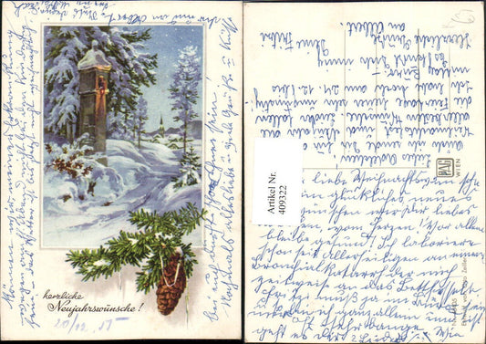 409322,Künstler AK Otto Zeiller Neujahr Winterlandschaft Bildstock Tannenzweig Zapfen