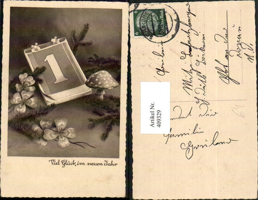 409329,Neujahr Kalender Fliegenpilz Kleeblätter Tannenzweige