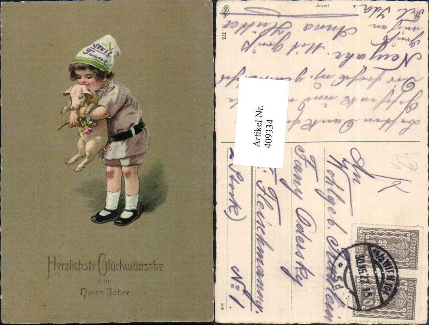 409334,Künstler AK Neujahr Kind m. Mütze Ferkel pub EAS 373