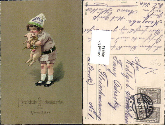 409334,Künstler AK Neujahr Kind m. Mütze Ferkel pub EAS 373