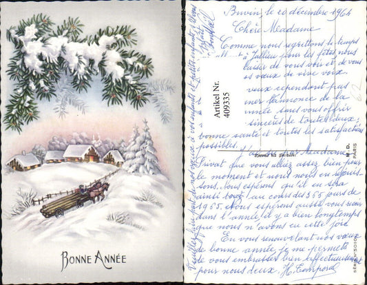 409335,Künstler AK Neujahr Winterlandschaft Pferdewagen Tannenzweig