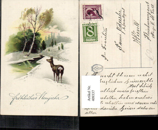 409337,Künstler AK Neujahr Winterlandschaft Bach Reh