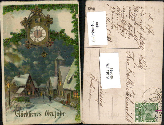 409341,Präge Künstler Litho Neujahr Stadt Winterbild Kuckucksuhr Uhr