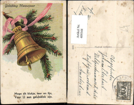 409344,Künstler AK Neujahr Tannenzweig Glocke Schleife