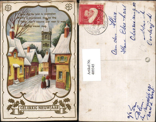 409345,Künstler AK Neujahr Stadt Winterbild Turm Spruch Text
