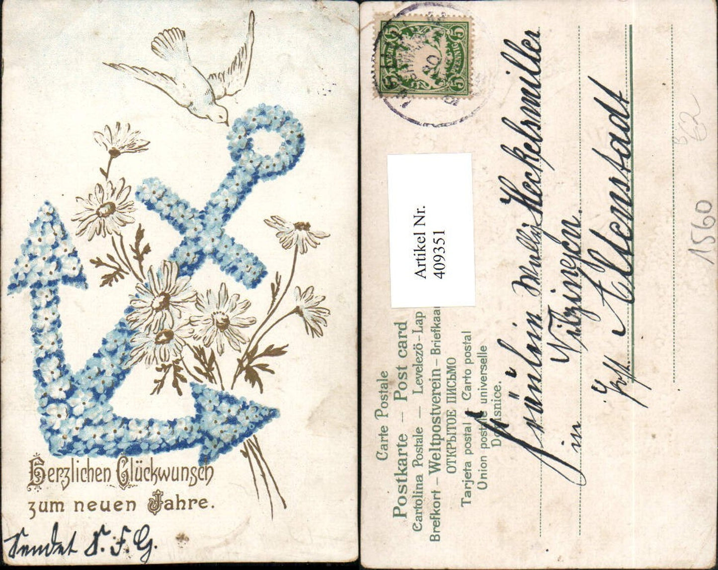 409351,Präge Künstler AK Neujahr Blumenanker Anker Vogel