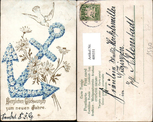 409351,Präge Künstler AK Neujahr Blumenanker Anker Vogel