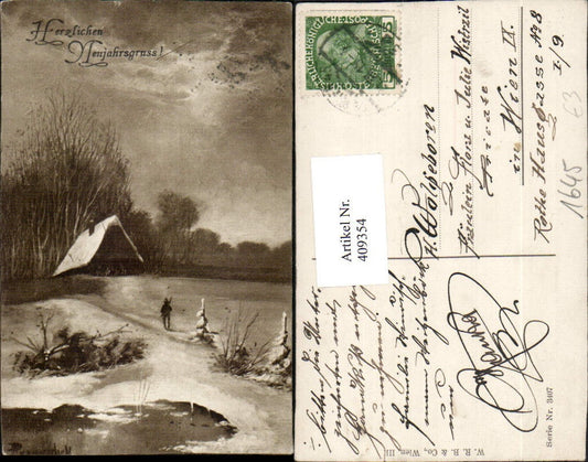 409354,Künstler AK Neujahr Winterlandschaft Haus