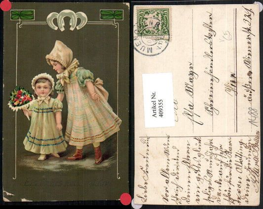 409355,Künstler AK Neujahr Kinder Hauben Blumenstrauß Hufeisen pub EAS