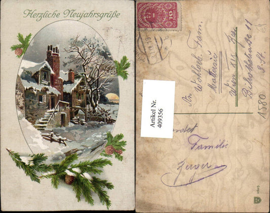 409356,Künstler AK Neujahr Haus Gebäude Winterbild Passepartout Zweige