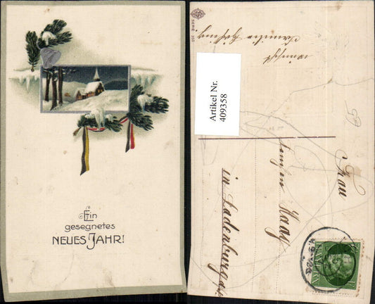409358,Präge Künstler AK Neujahr Winterlandschaft Kirche Passepartout Glocke