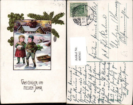 409361,Künstler AK Neujahr Kinder Muff Rodel Passepartout Klee Zweige