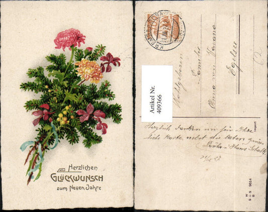 409366,Künstler AK Neujahr Blumenstrauß Zweige Blumen