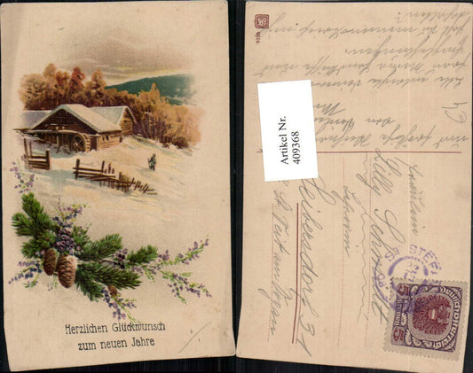 409368,Künstler AK Neujahr Winterlandschaft Mühle Zweige