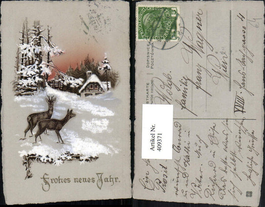 409371,Künstler AK Neujahr Winterlandschaft Haus Reh Rehbock