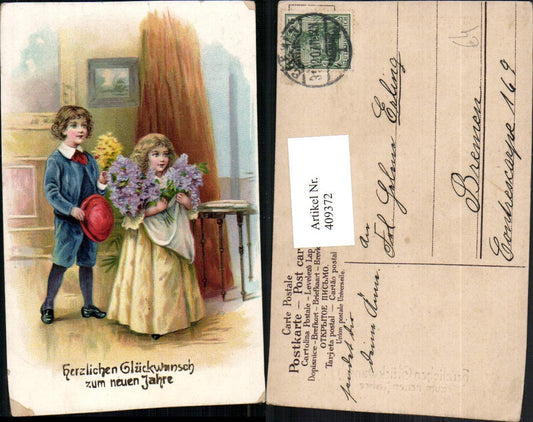 409372,Künstler AK Neujahr Kinder Blumen