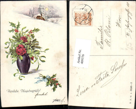 409376, Artist AK J. Kränzle New Year Winter Landscape Vase Roses pub BKWI 3246/2