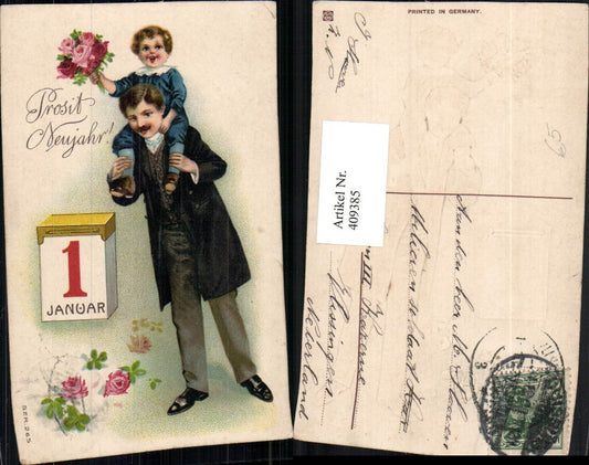409385, embossed artist postcard, New Year's, man with child, calendar, roses