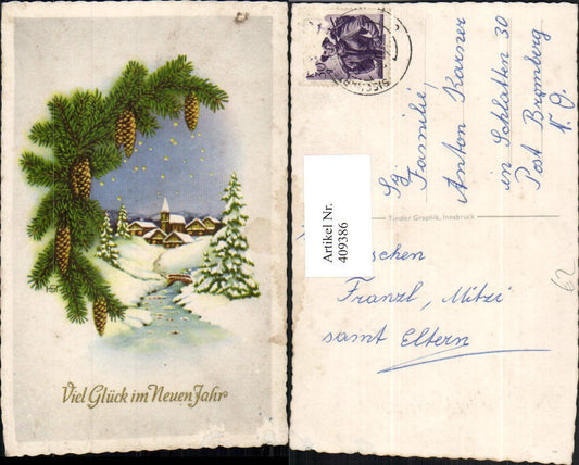 409386, Artist AK New Year Winter Landscape Village Fir Branches Cones