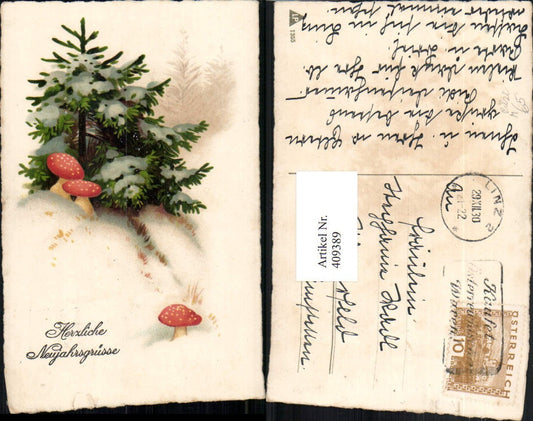 409389, Artist AK New Year Winter landscape Trees Mushrooms Fly agarics