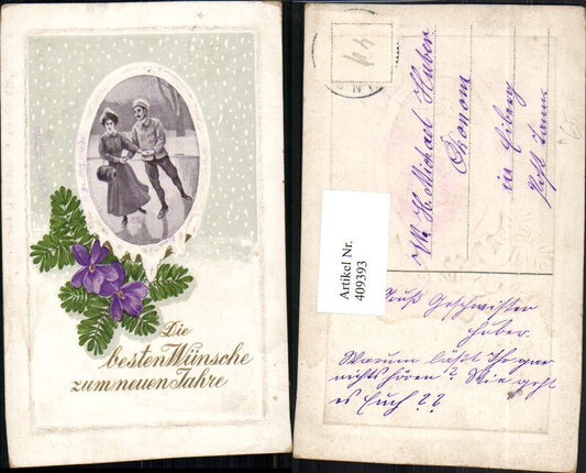 409393, embossed artist postcard, New Year's Day, ice skating, violet