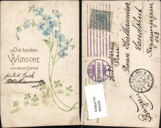 409395, embossed artist postcard, New Year's flowers, clover
