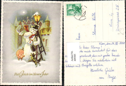 409505, Artist AK New Year Snowman Horn Calendar Dog Piglet Moonlight