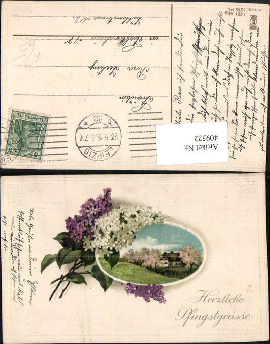 409522,Präge Künstler AK Pfingsten Landschaft Passepartout Flieder