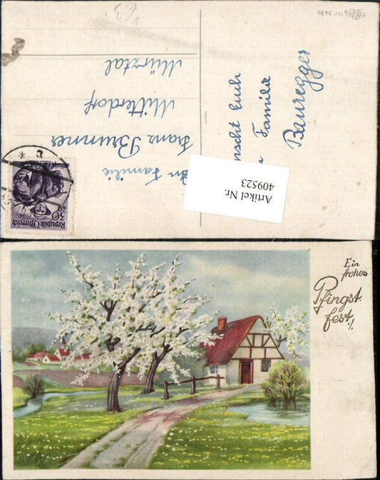 409523,Künstler AK Pfingsten Landschaft Haus Bäume pub Erika 3481