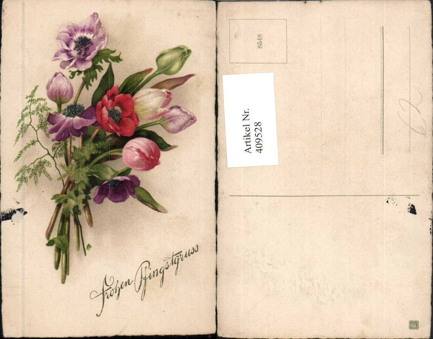 409528,Künstler AK Pfingsten Blumenstrauß Blumen Tulpen Anemonen