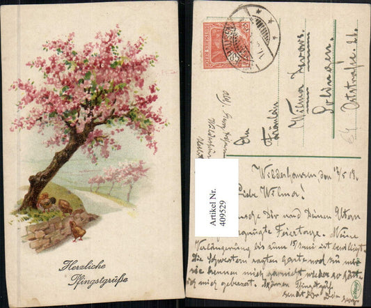 409529,Künstler AK Pfingsten Landschaft Baumblüte Küken
