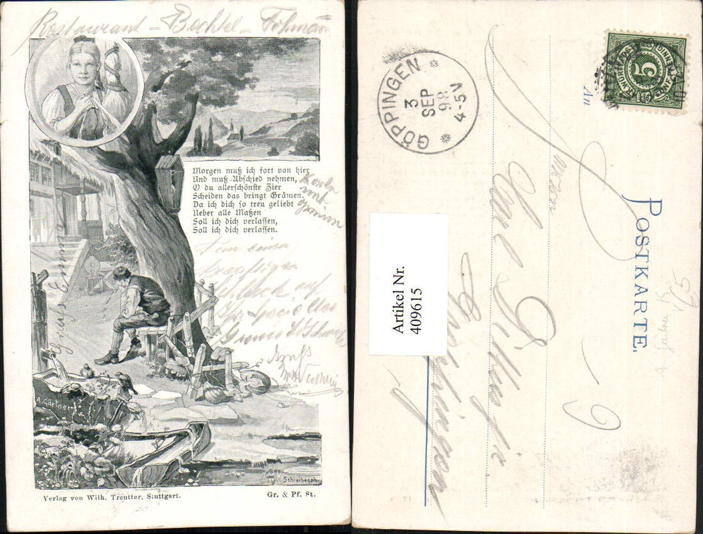 409615,Künstler AK A. Gärtner Landschaft Brunnen trauriger Mann Spruch Text pub Wilhelm Treutter
