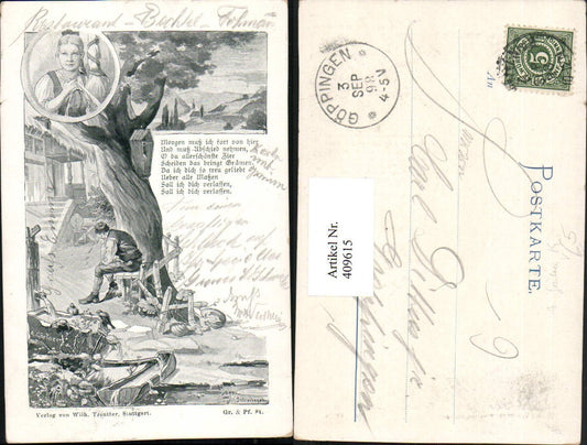 409615,Künstler AK A. Gärtner Landschaft Brunnen trauriger Mann Spruch Text pub Wilhelm Treutter