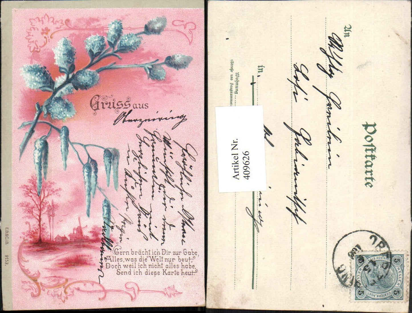409626,Künstler AK Spruch Text Landschaft Windmühle Palmkätzchen
