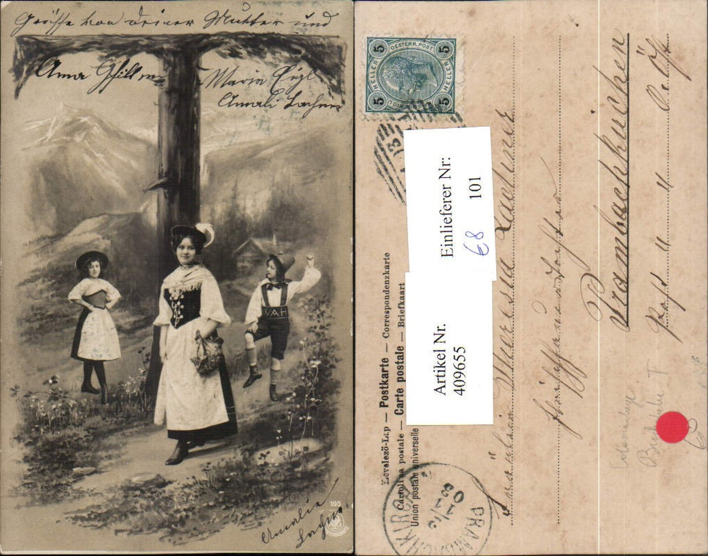 409655,Fotomontage Buchstabe T Frau Kinder in Tracht Bergkulisse pub NPG 195