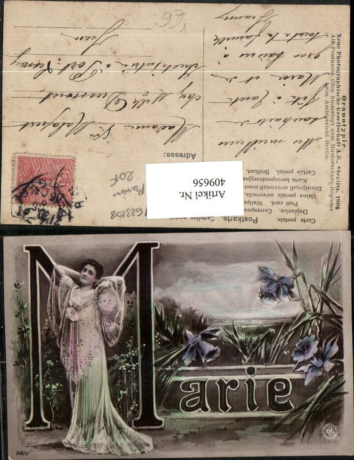 409656,Buchstabe M Marie Frau m. Kleid Blumen pub NPG 398/17