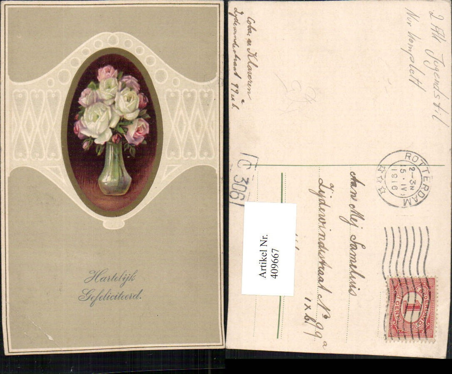 409667,Künstler AK Rosenstrauß Rosen Vase