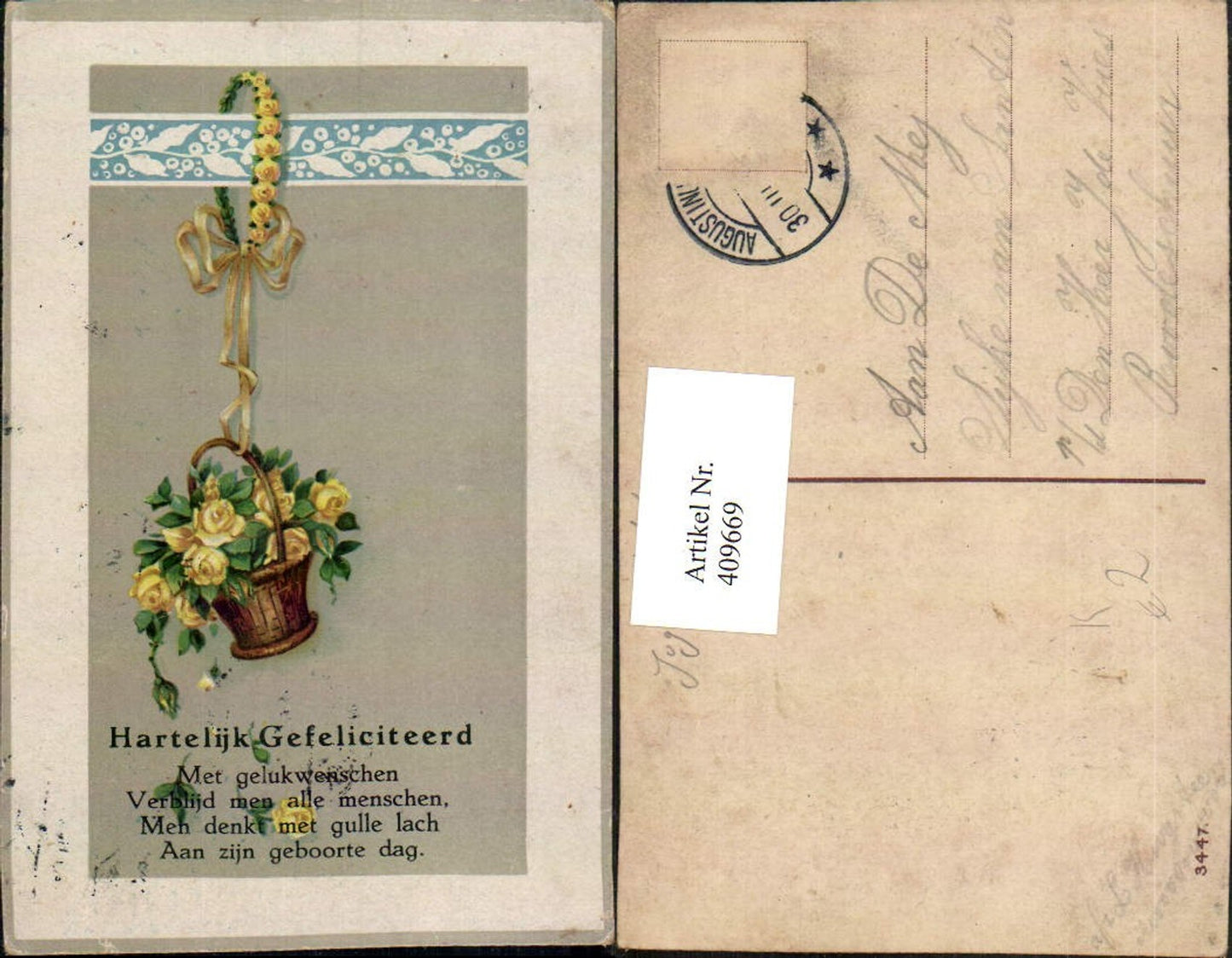 409669,Künstler AK Blumen Rosen Korb Schleife Spruch