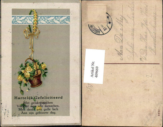 409669,Künstler AK Blumen Rosen Korb Schleife Spruch