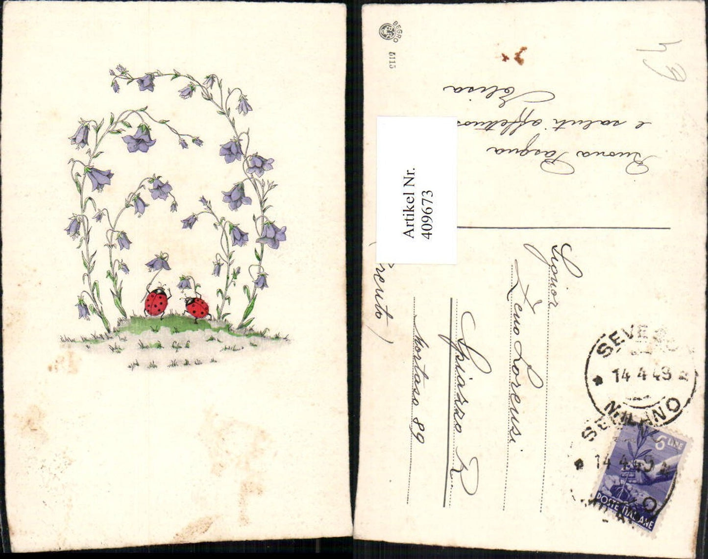 409673,Künstler AK Marienkäfer Glockenblumen Blumen