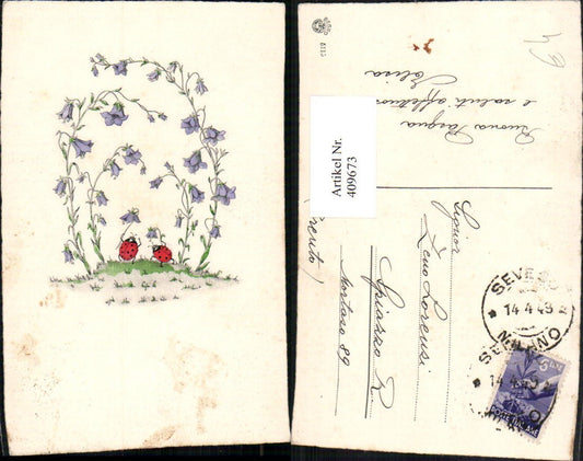 409673,Künstler AK Marienkäfer Glockenblumen Blumen