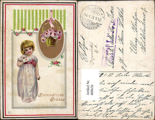 409676,Künstler AK Freundliche Grüße Mädchen m. Brief Korb Rosen Schleife