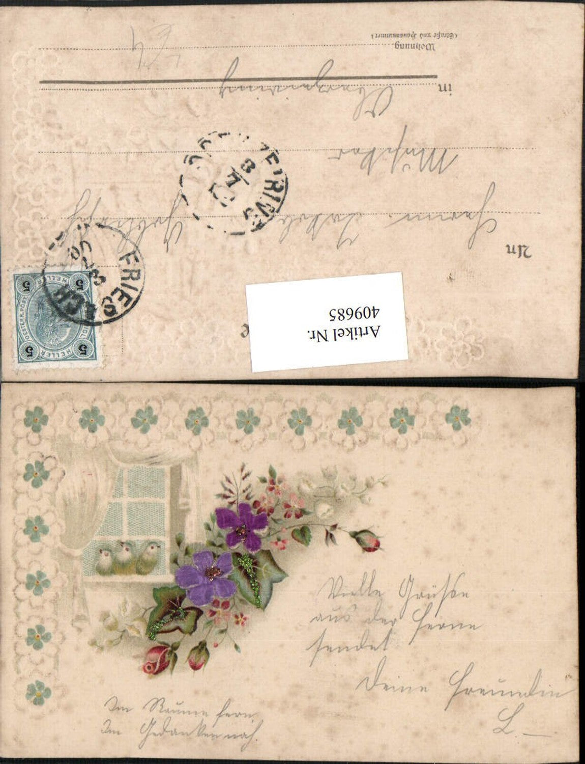 409685, Embossed Relief Lithograph Flowers Roses Birds Window