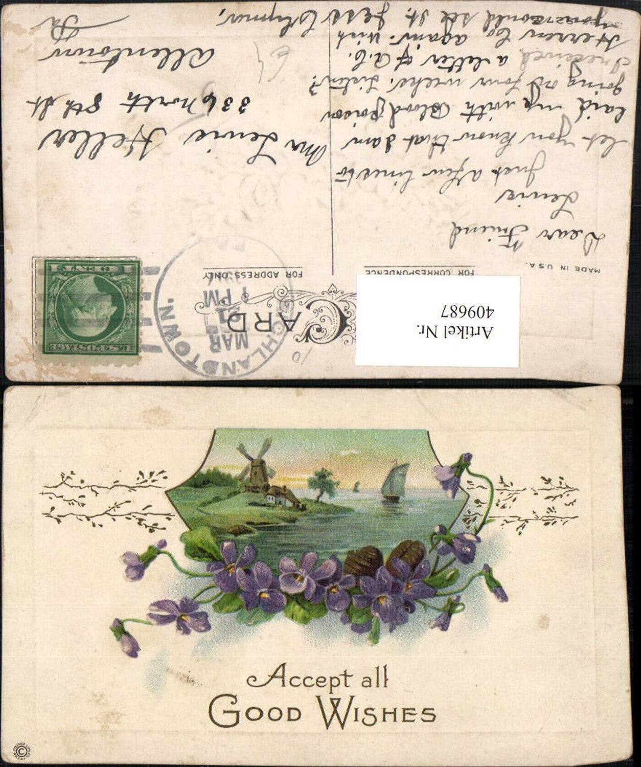 409687, embossed artist postcard landscape windmill passepartout violet