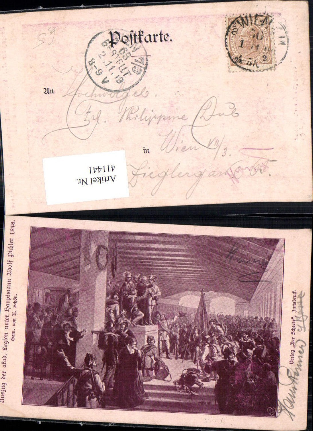 411441,Künstler Ak A. Schön 19 Jhdt. Auszug Legion unter Hauptmann A. Pichler 1848