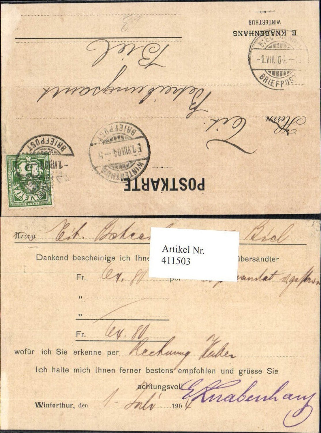 411503,Ganzsache E. Knabenhans Winterthur Schweiz Reklame Zudruck