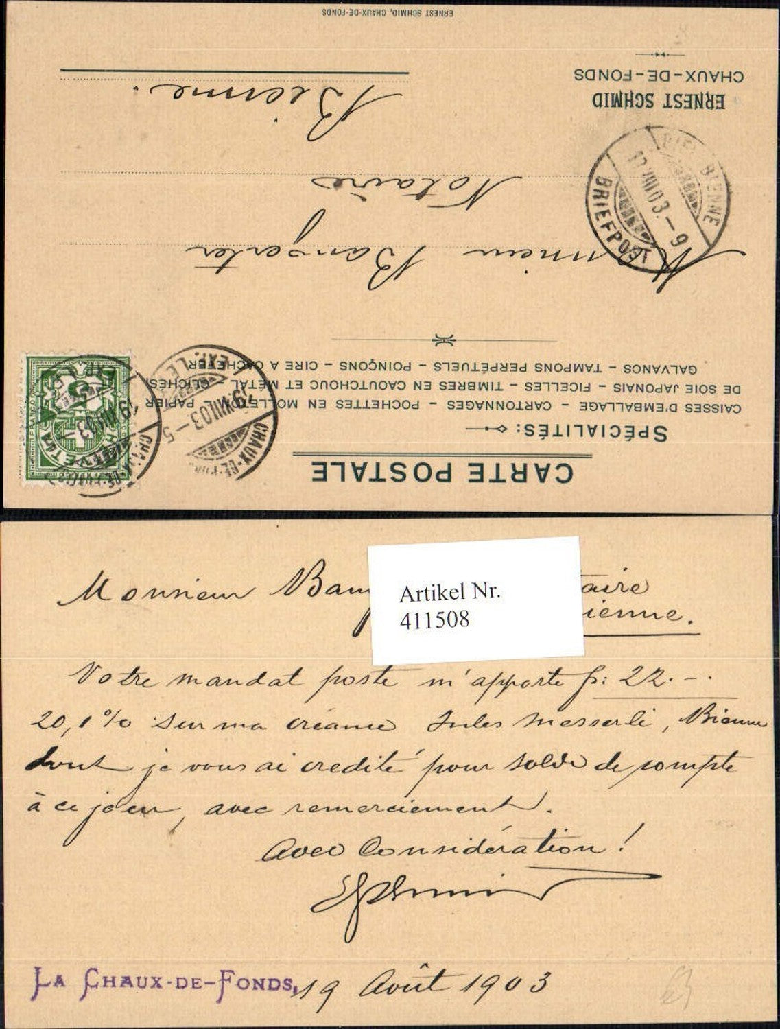 411508,Ganzsache Ernest Schmid Chaux-De-Fonds Schweiz Reklame Zudruck