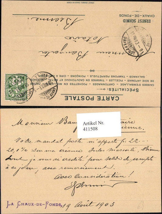 411508,Ganzsache Ernest Schmid Chaux-De-Fonds Schweiz Reklame Zudruck