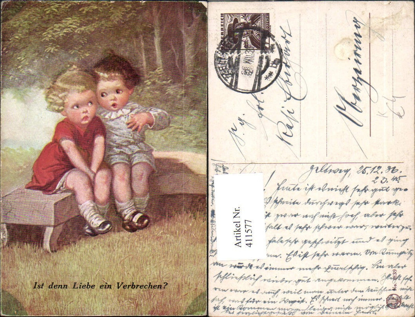 411577,Künstler Ak Kinder a. Steinbank Liebe Ist denn Liebe ein Verbrechen